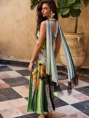Lipsy Green Petite Floral Print Stripe Fringe Scarf Halter Maxi Dress - Image 1 of 5