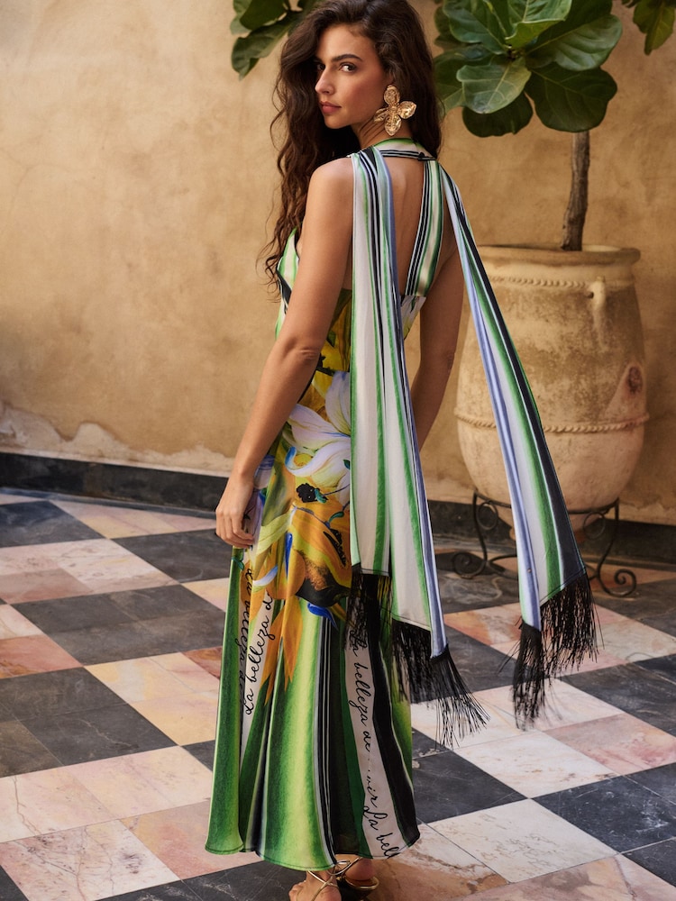 Lipsy Green Petite Floral Print Stripe Fringe Scarf Halter Maxi Dress - Image 1 of 5 Lipsy Green Petite Floral Print Stripe Fringe Scarf Halter Maxi Dress - Image 1 of 5
