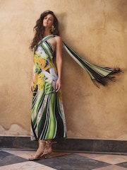 Lipsy Green Petite Floral Print Stripe Fringe Scarf Halter Maxi Dress - Image 2 of 5