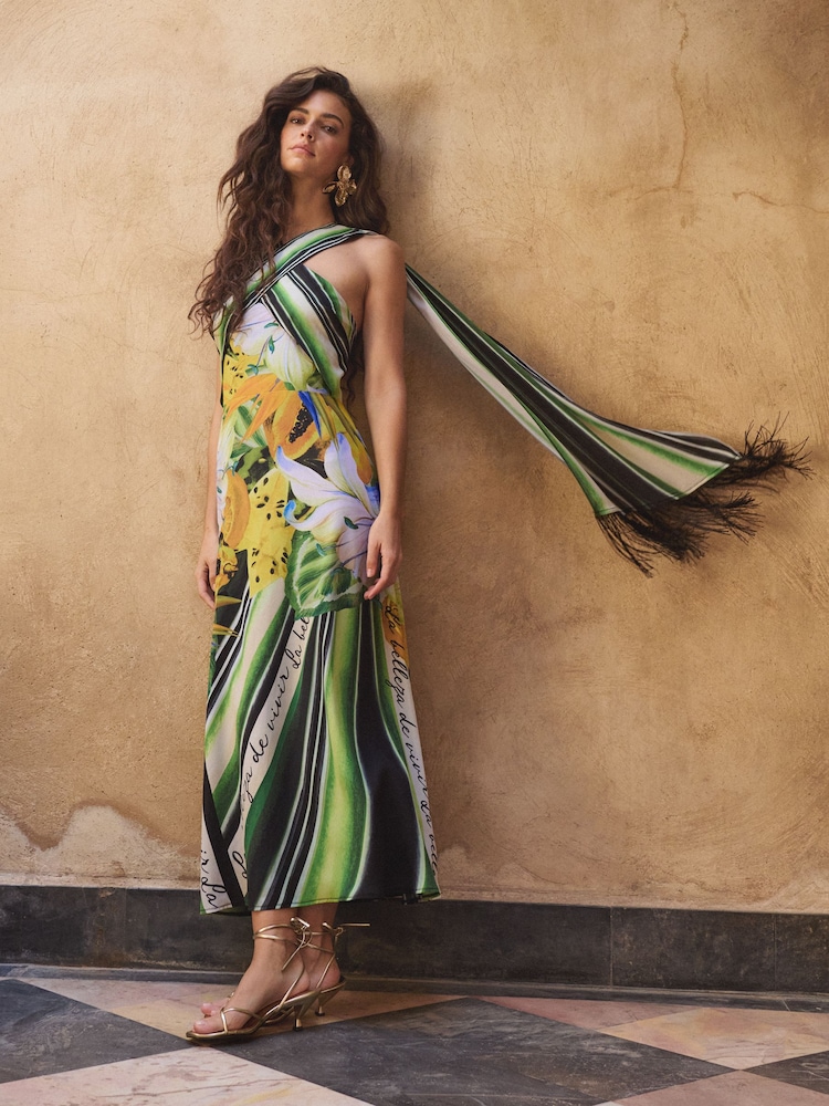 Lipsy Green Petite Floral Print Stripe Fringe Scarf Halter Maxi Dress - Image 2 of 5 Lipsy Green Petite Floral Print Stripe Fringe Scarf Halter Maxi Dress - Image 2 of 5