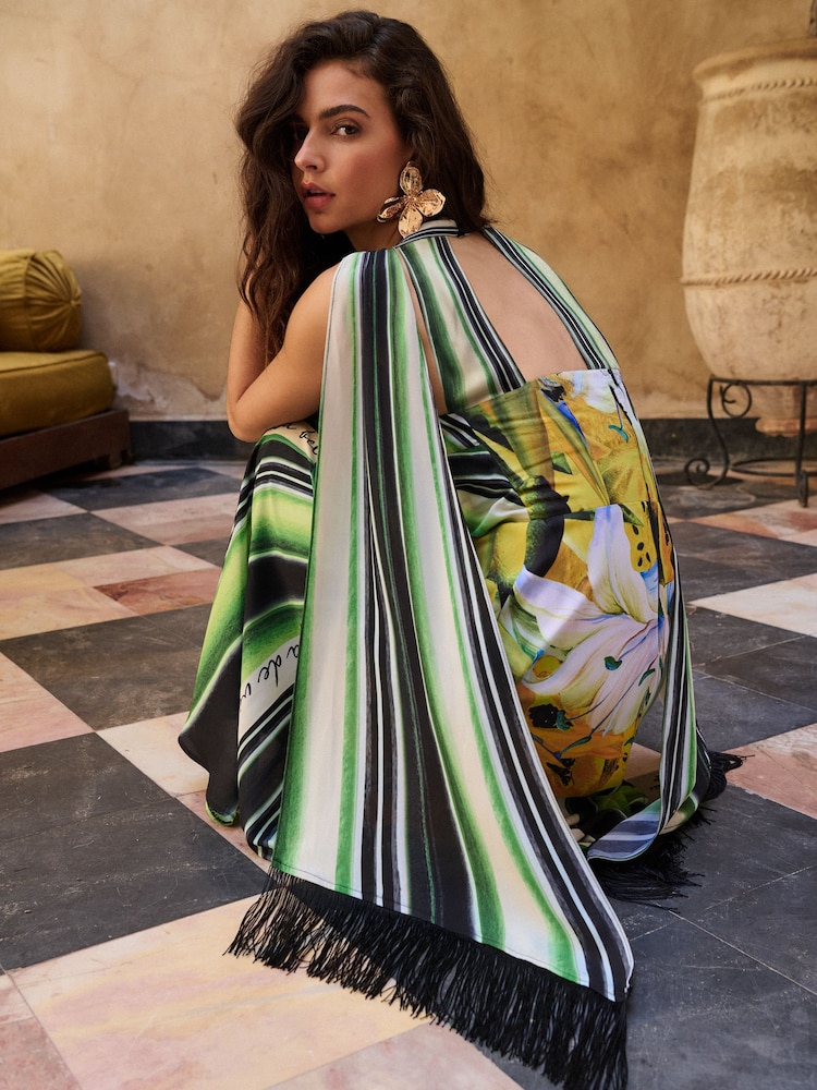 Lipsy Green Petite Floral Print Stripe Fringe Scarf Halter Maxi Dress - Image 5 of 5 Lipsy Green Petite Floral Print Stripe Fringe Scarf Halter Maxi Dress - Image 5 of 5