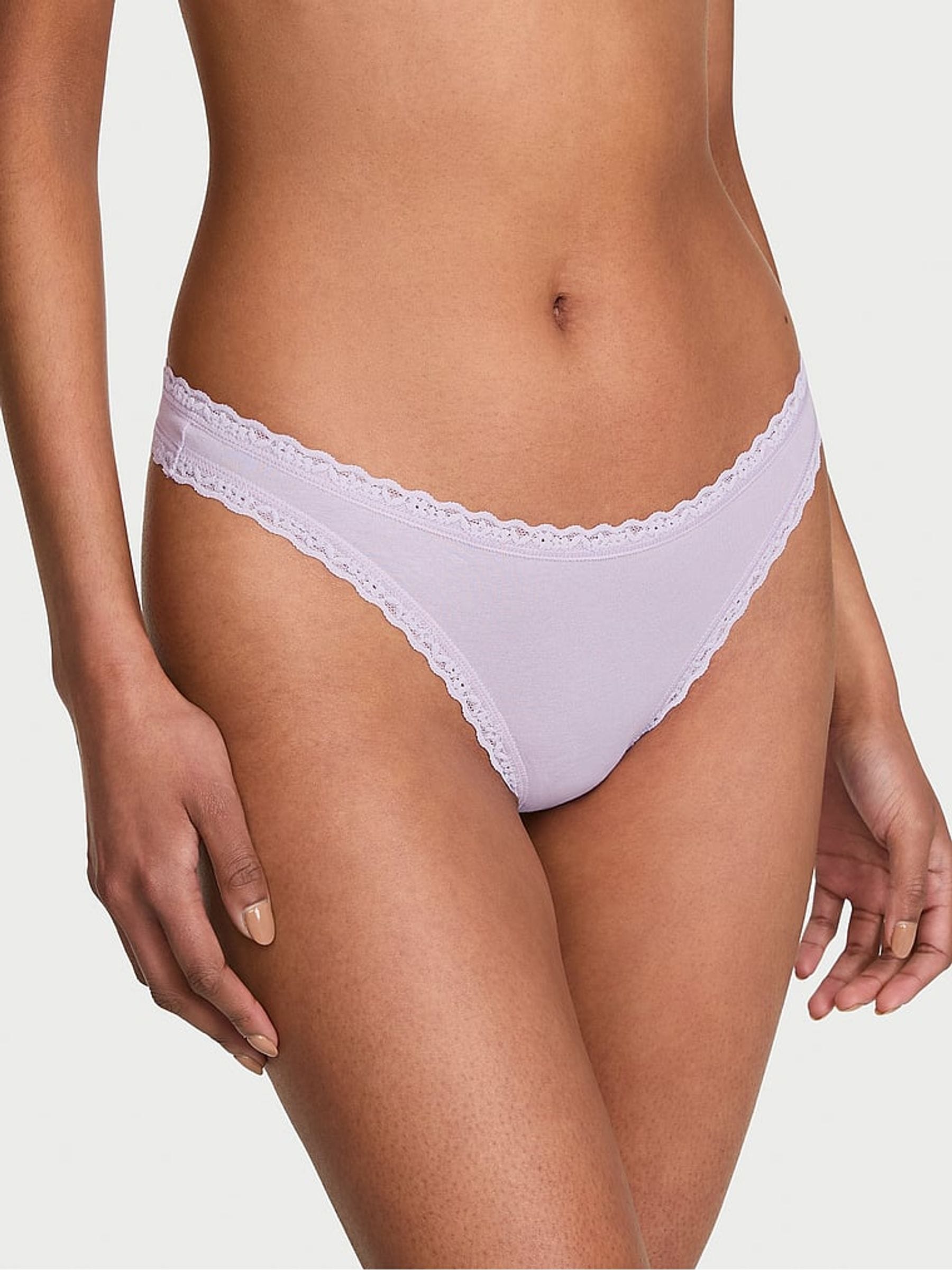 Victoria's Secret Crystal Lilac Purple Thong Cotton Lace Trim Knickers