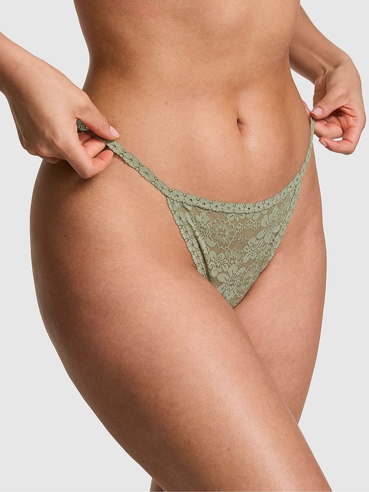 Victoria's Secret PINK Slate Green G-String Floral Lace Knickers - Image 1 of 2