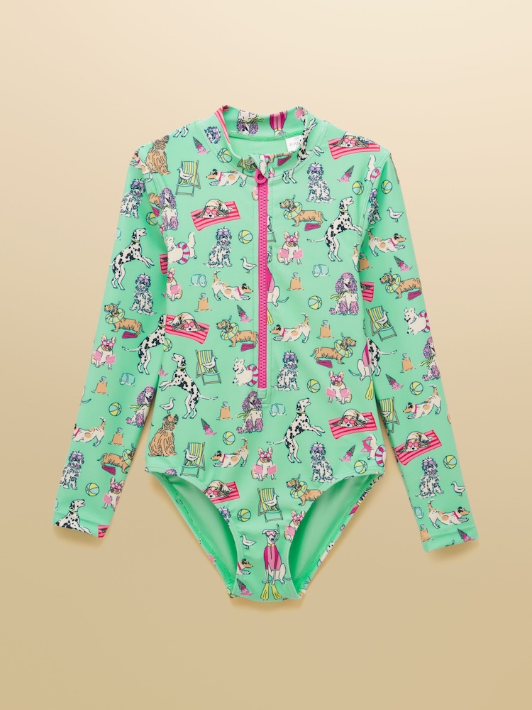 Joules Girls' Green Dogs Long Sleeve Sunsafe Swimsuit - Image 1 of 5