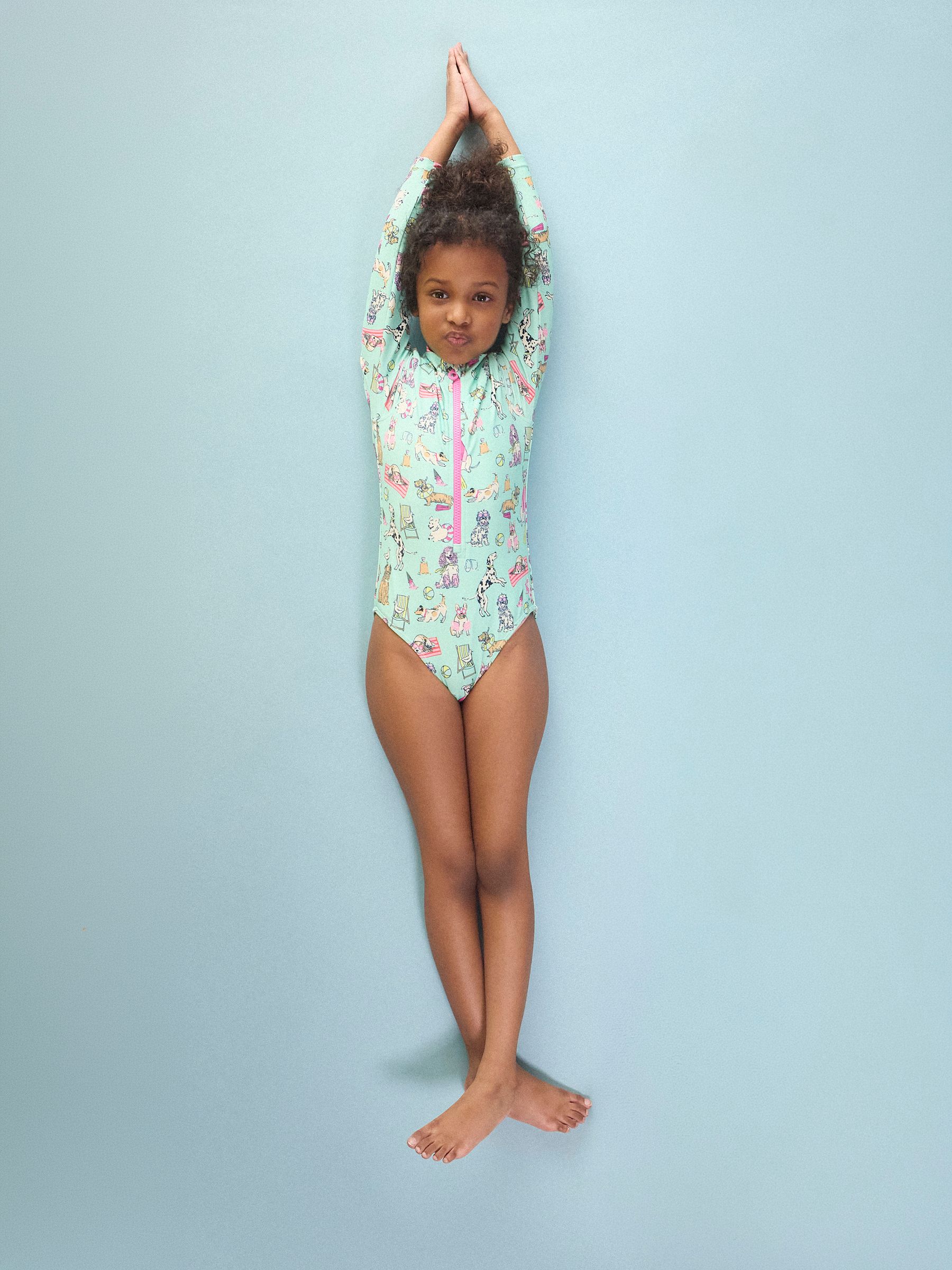 Joules Girls' Green Dogs Long Sleeve Sunsafe Swimsuit