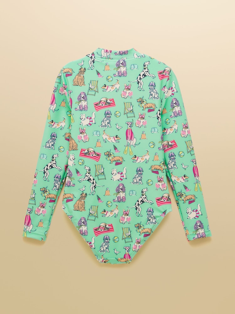 Joules Girls' Green Dogs Long Sleeve Sunsafe Swimsuit - Image 2 of 5