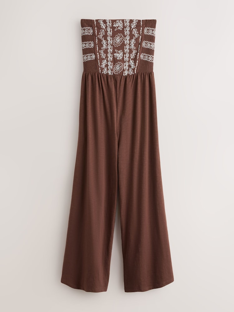 Chocolate Brown Embroidered Bandeau Wide Leg Jersey Jumpsuit - Image 1 of 3