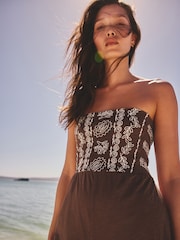 Chocolate Brown Embroidered Bandeau Wide Leg Jersey Jumpsuit - Image 4 of 8