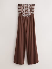 Chocolate Brown Embroidered Bandeau Wide Leg Jersey Jumpsuit - Image 6 of 8