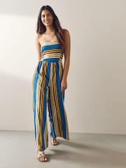 Blue Stripe Bandeau Wide Leg Jersey Jumpsuit - Image 1 of 5