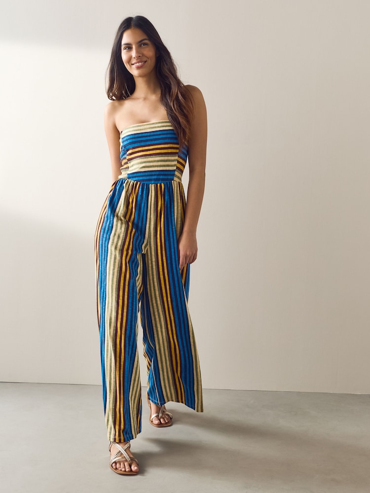 Blue Stripe Bandeau Wide Leg Jersey Jumpsuit - Image 1 of 5