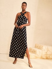 Love & Roses Black Sun Foil Print Crossover Halterneck Jersey Midi Dress - Image 1 of 4