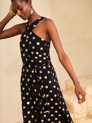 Love & Roses Black Sun Foil Print Crossover Halterneck Jersey Midi Dress - Image 2 of 4