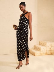 Love & Roses Black Sun Foil Print Crossover Halterneck Jersey Midi Dress - Image 4 of 4