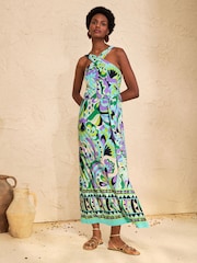 Love & Roses Blue Abstract Pucci Print Crossover Halterneck Jersey Midi Dress - Image 4 of 4