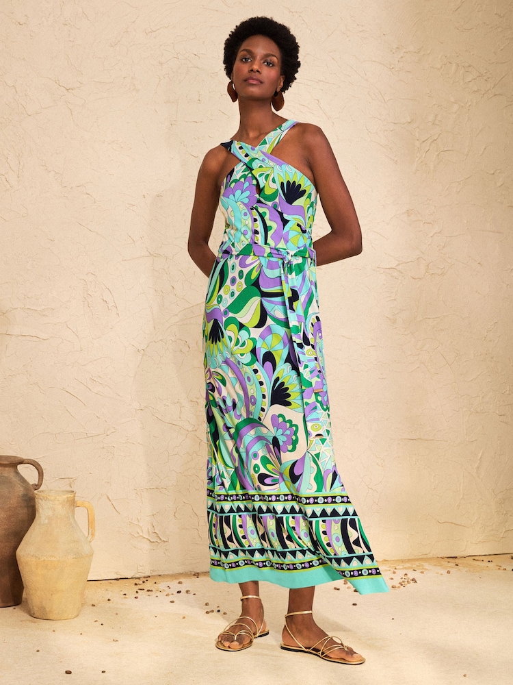 Love & Roses Blue Abstract Pucci Print Crossover Halterneck Jersey Midi Dress - Image 4 of 4