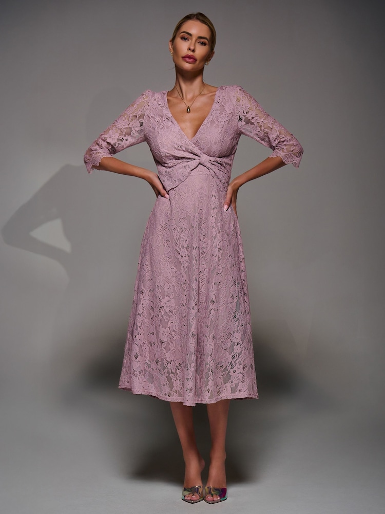 Jolie Moi Pink Lace Detail Long Sleeve Midi Dress - Image 1 of 6