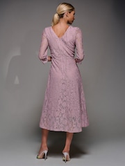 Jolie Moi Pink Lace Detail Long Sleeve Midi Dress - Image 2 of 6