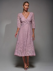 Jolie Moi Pink Lace Detail Long Sleeve Midi Dress - Image 4 of 6