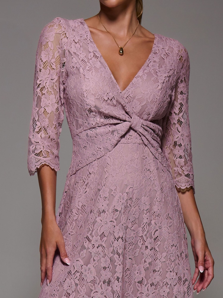 Jolie Moi Pink Lace Detail Long Sleeve Midi Dress - Image 6 of 6