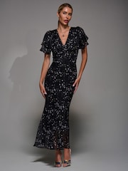 Coal Black - Jolie Moi V-Neck Frill Sleeve Chiffon Midaxi Dress - Slika 1 iz 6