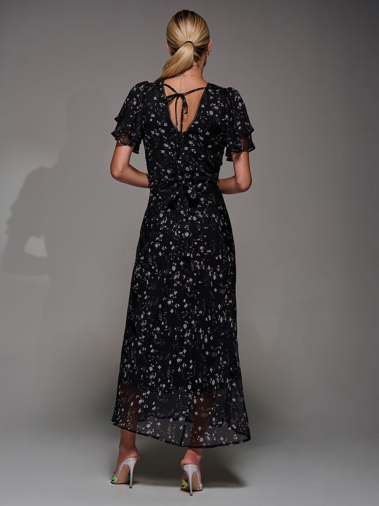 Coal Black - Jolie Moi V-Neck Frill Sleeve Chiffon Midaxi Dress - Slika 2 iz 6