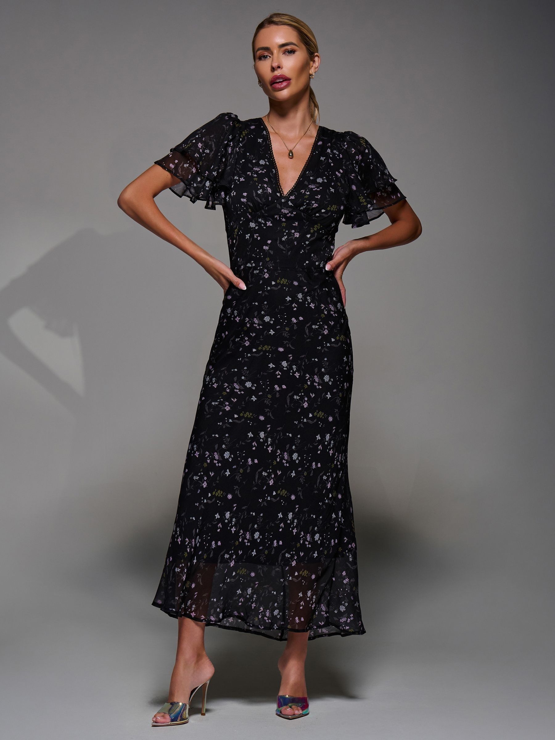 Buy Jolie Moi Coal Black V-Neck Frill Sleeve Chiffon Midaxi Dress