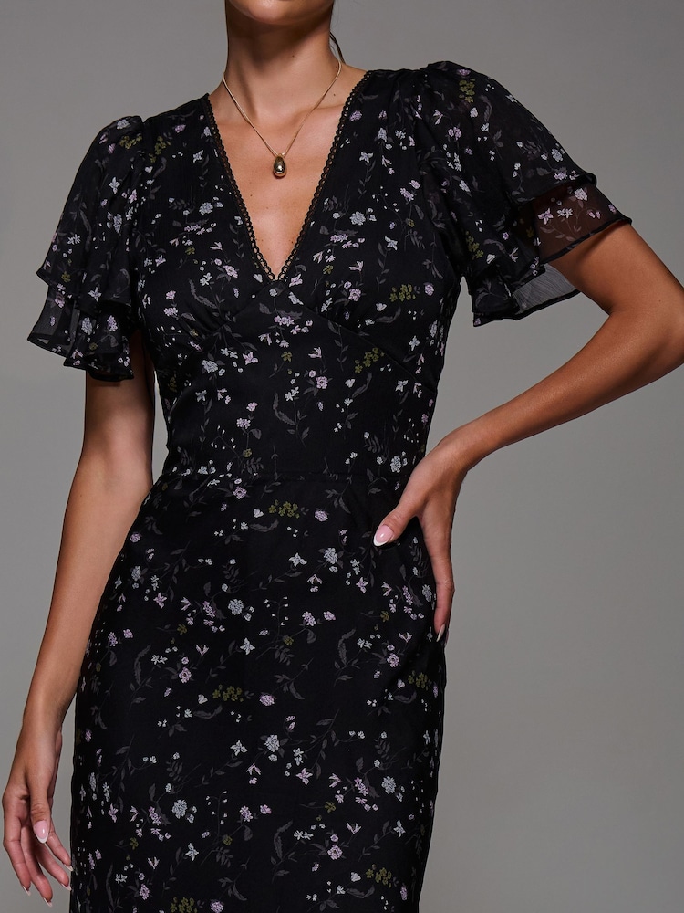 Buy Jolie Moi Coal Black V-Neck Frill Sleeve Chiffon Midaxi Dress from Next  USA
