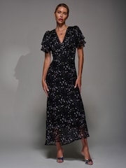 Coal Black - Jolie Moi V-Neck Frill Sleeve Chiffon Midaxi Dress - Slika 5 iz 6