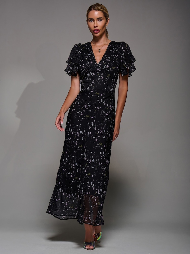 Coal Black - Jolie Moi V-Neck Frill Sleeve Chiffon Midaxi Dress - Slika 6 iz 6