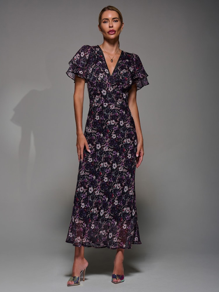 Jolie Moi Purple V-Neck Frill Sleeve Chiffon Midaxi Dress - Image 1 of 6 Jolie Moi Purple V-Neck Frill Sleeve Chiffon Midaxi Dress - Image 1 of 6