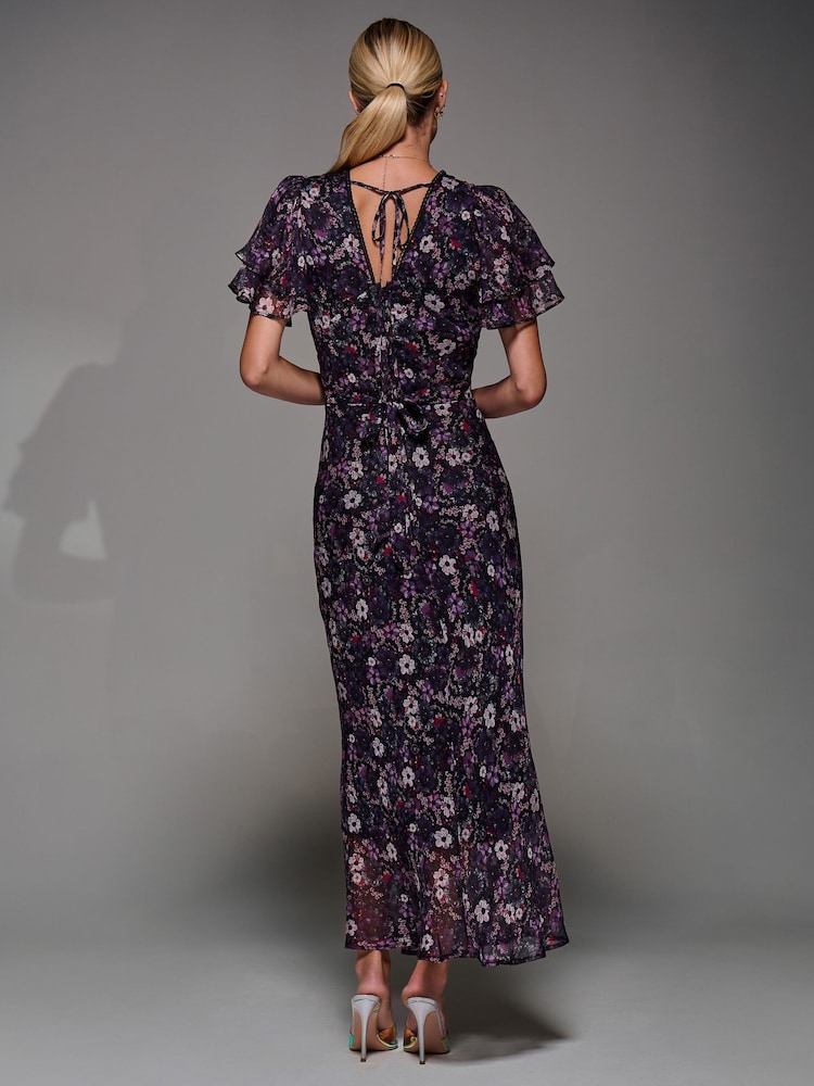 Jolie Moi Purple V-Neck Frill Sleeve Chiffon Midaxi Dress - Image 2 of 6 Jolie Moi Purple V-Neck Frill Sleeve Chiffon Midaxi Dress - Image 2 of 6