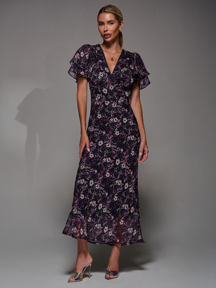Jolie Moi Purple V-Neck Frill Sleeve Chiffon Midaxi Dress - Image 6 of 6