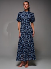Jolie Moi Puffy Sleeve Printed Mesh Maxi Dress - Bild 1 von 6