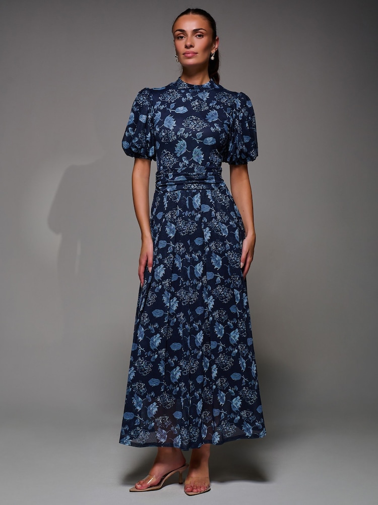 Jolie Moi Blue Puffy Sleeve Printed Mesh Maxi Dress - Image 1 of 6 Jolie Moi Blue Puffy Sleeve Printed Mesh Maxi Dress - Image 1 of 6
