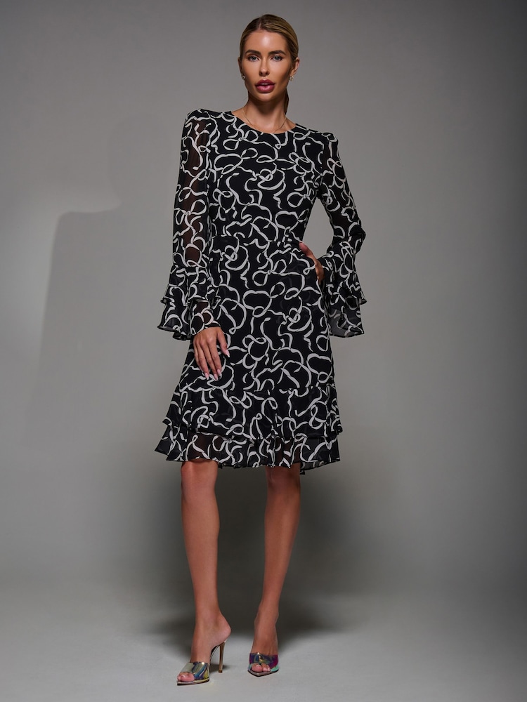 črna - Jolie Moi Long Sleeve Chiffon Knee Length Dress - Slika 1 iz 6