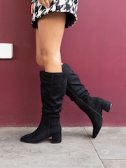 Novo Black Wide Fit GERI Block Heel Square Toe Ruched Knee Boot - Image 1 of 6
