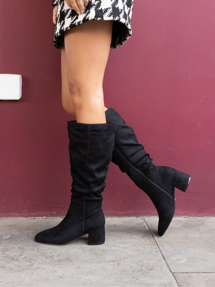 Novo Black Wide Fit GERI Block Heel Square Toe Ruched Knee Boot - Image 1 of 6 Novo Black Wide Fit GERI Block Heel Square Toe Ruched Knee Boot - Image 1 of 6