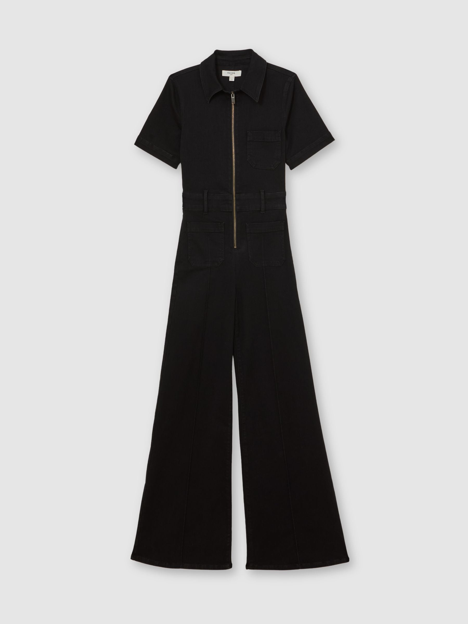Buy Reiss Black Danie Wide-Leg Zip-Through Denim Jumpsuit from the