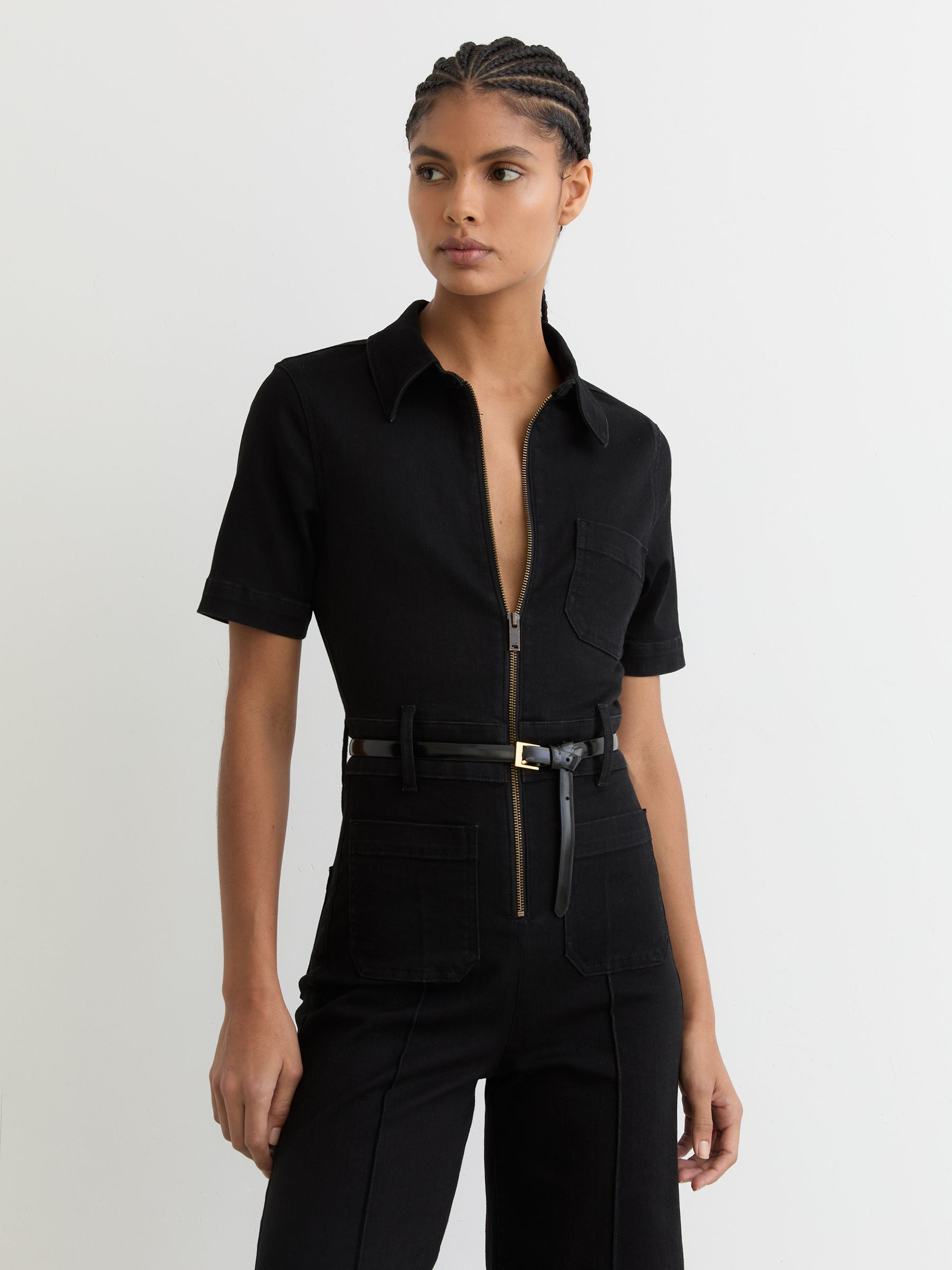Buy Reiss Black Danie Wide-Leg Zip-Through Denim Jumpsuit from