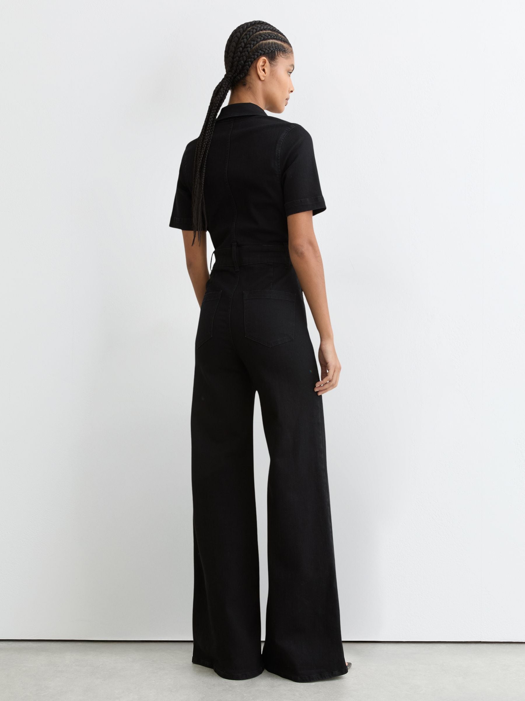 Buy Reiss Black Danie Wide-Leg Zip-Through Denim Jumpsuit from the
