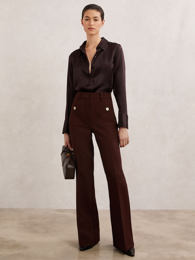 Reiss Burgundy Ameira Silk-Satin Concealed-Placket Shirt - Image 1 of 6