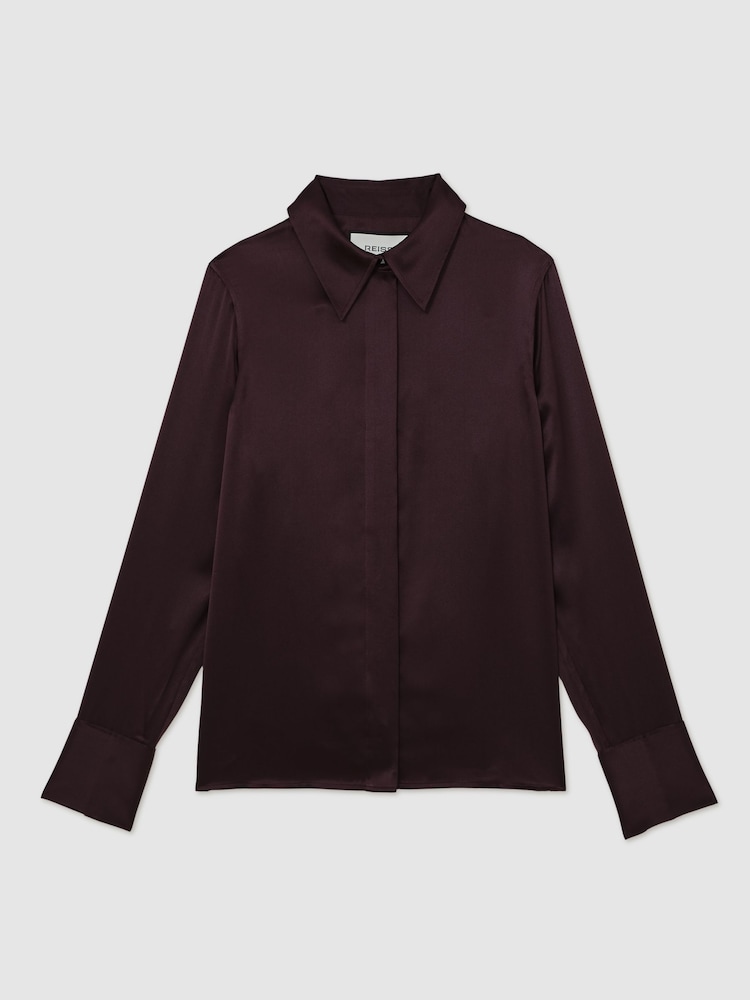 Reiss Burgundy Ameira Silk-Satin Concealed-Placket Shirt - Image 2 of 6