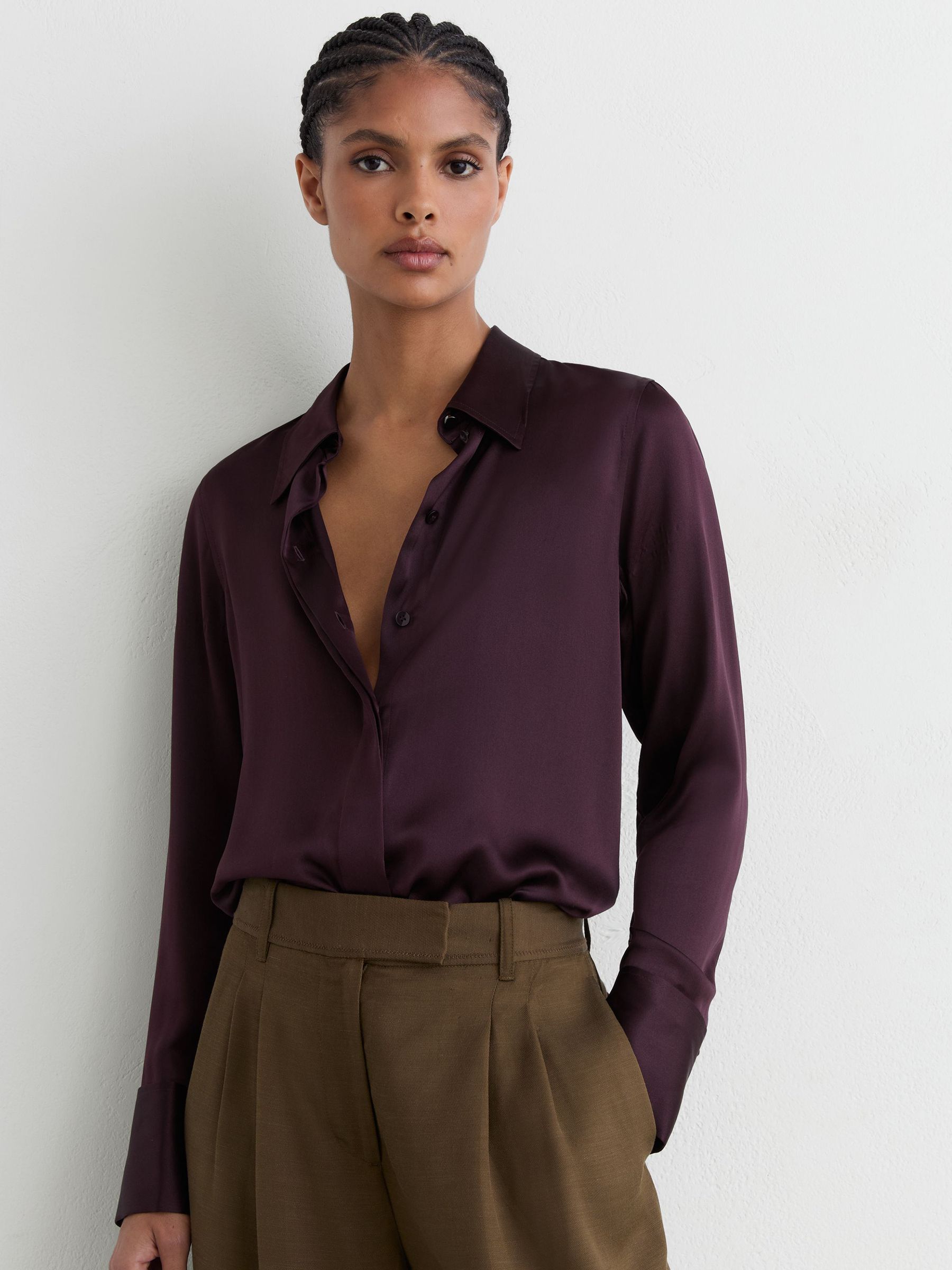 Buy Reiss Burgundy Ameira Silk-Satin Concealed-Placket Shirt from 