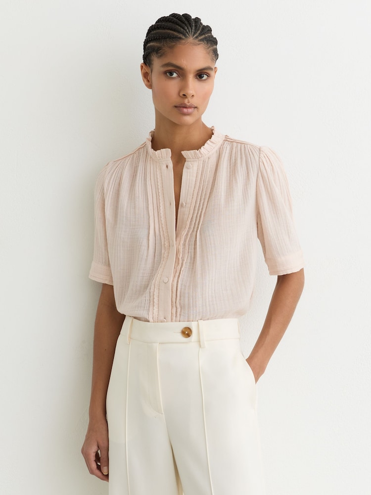 Reiss Pale Pink Aurelia Cotton Cheesecloth Pleated Top - Image 1 of 6 Reiss Pale Pink Aurelia Cotton Cheesecloth Pleated Top - Image 1 of 6