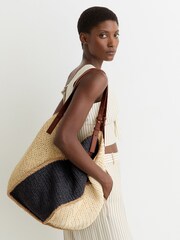 Reiss Navy Farrah Raffia-Effect Contrast-Panel Tote Bag - Image 1 of 6