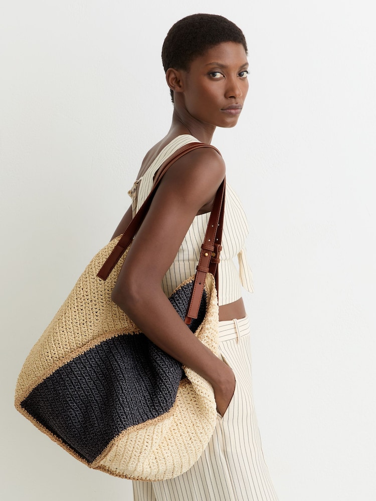 Reiss Navy Farrah Raffia-Effect Contrast-Panel Tote Bag - Image 1 of 6