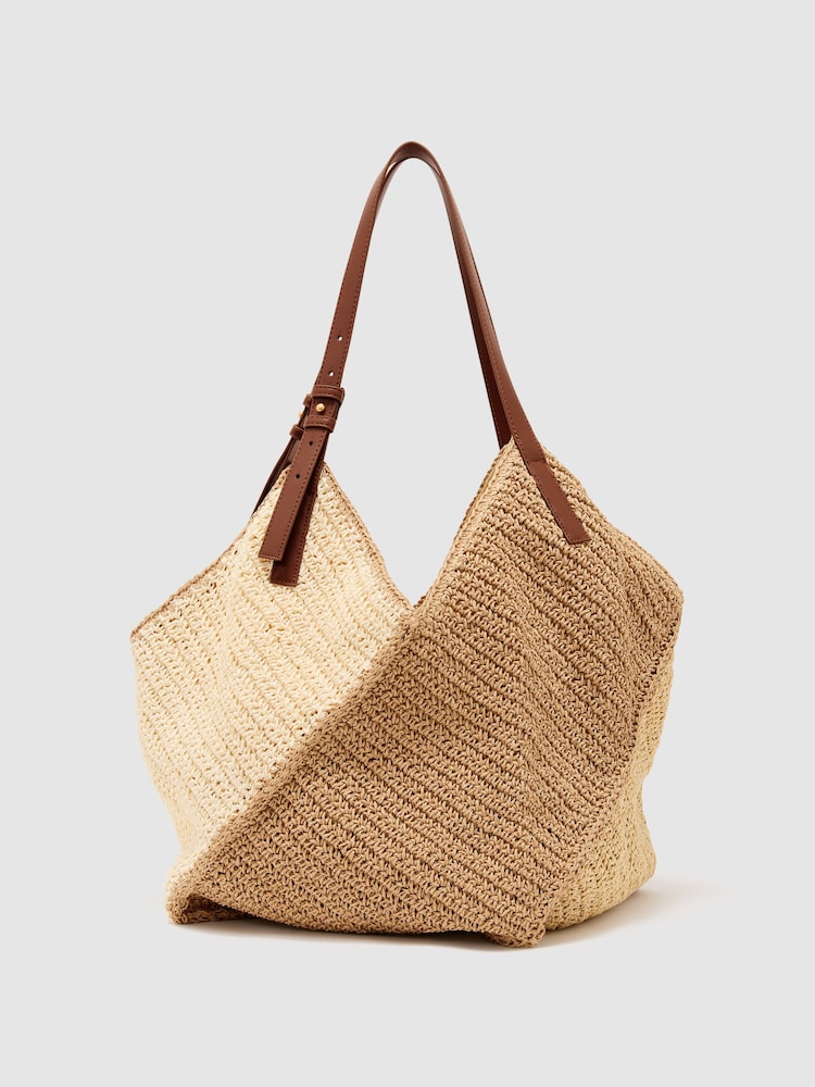 Reiss Navy Farrah Raffia-Effect Contrast-Panel Tote Bag - Image 2 of 6