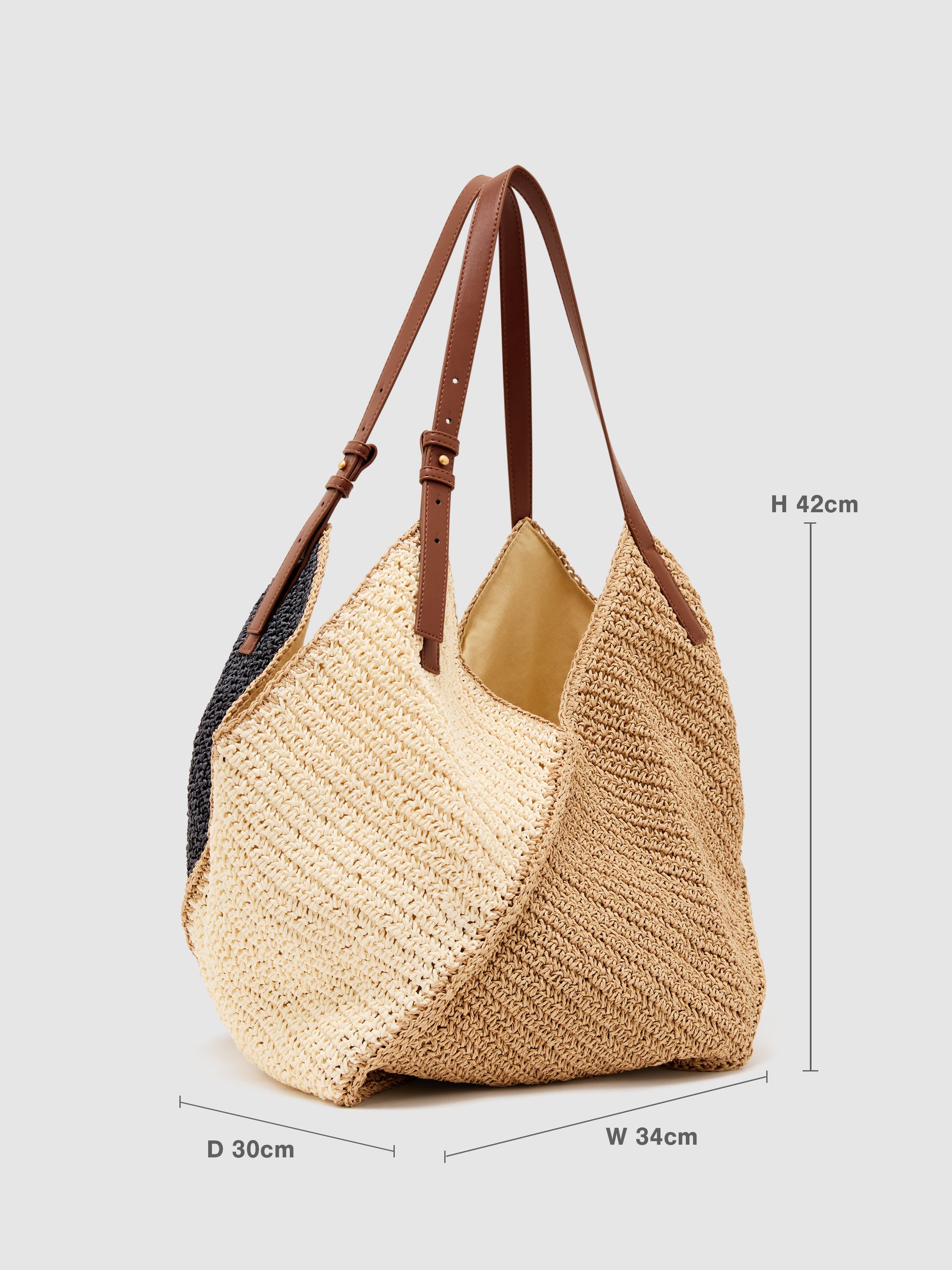 Buy Reiss Navy Farrah Raffia-Effect Colour-Block Tote Bag from