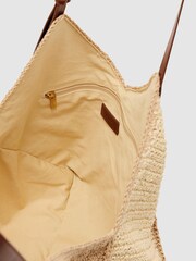 Reiss Navy Farrah Raffia-Effect Contrast-Panel Tote Bag - Image 4 of 6